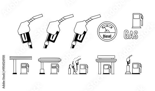 A set of black and white vector icons depicting gas station and fuel concepts