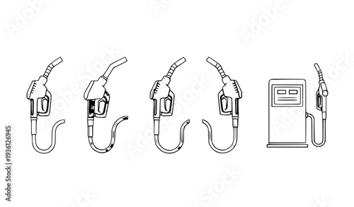 A set of black and white line art illustrations of gas pump nozzles and a fuel pump
