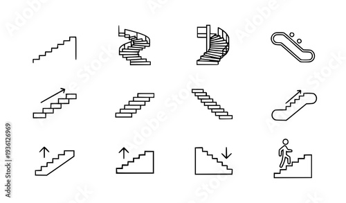 A set of minimalist vector icons depicting various staircase designs and symbols