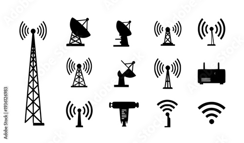 A set of black and white vector graphics depicting various communication towers and wireless signals