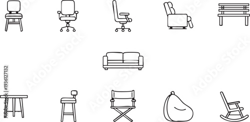 Minimalist Icon Collection: Furniture Set, Academic Achievement, and Stylized Feminine Portraits