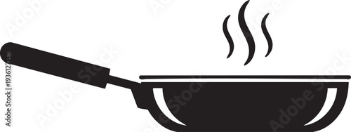 Minimalist Black Frying Pan Icon with Steam – Hot Cooking Concept Vector