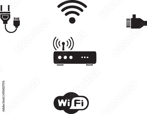 Set of Wireless Technology Icons and Networking Equipment Vector Symbols