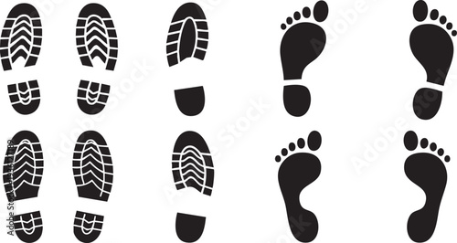Set of Human Footprints and Shoe Sole Print Vector Silhouettes