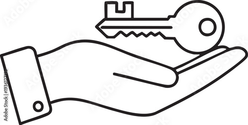 Linear Icon of a Human Hand Holding a Door Key for Real Estate and Security Concept