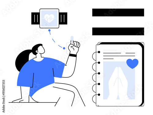 Person checks health data on smartwatch, paired with journal focusing on mindfulness and emotional wellness. Ideal for self-care, fitness, health tracking, productivity, wellness apps, mental health