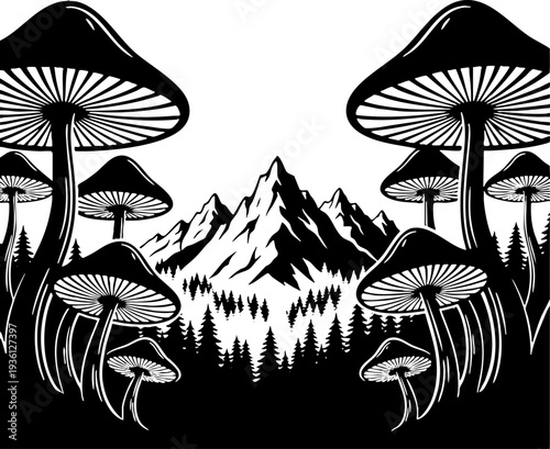 Surreal mountain landscape with giant mushrooms linocut illustration