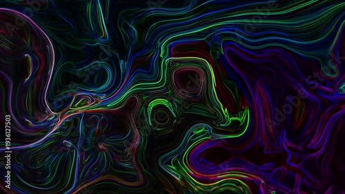 Dynamic neon fluid waves moving across a dark surface creating vibrant abstract motion and glowing organic shapes ideal for futuristic visuals digital art backgrounds and creative motion design.