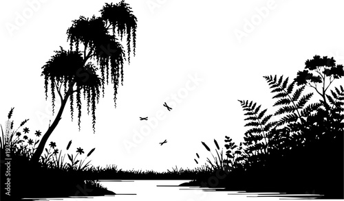 Silhouette of a peaceful river landscape with trees and plants