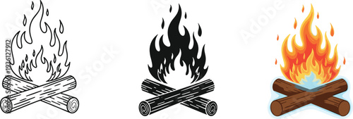 Campfire flame icon set with burning logs, fire symbol illustrations in outline silhouette and color styles isolated on white