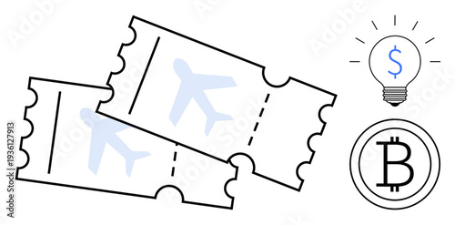 Digital payments, cryptocurrency, airfare booking, innovative finance, idea creation, online travel solutions. Two plane tickets, Bitcoin symbol and lightbulb with currency. Digital payments