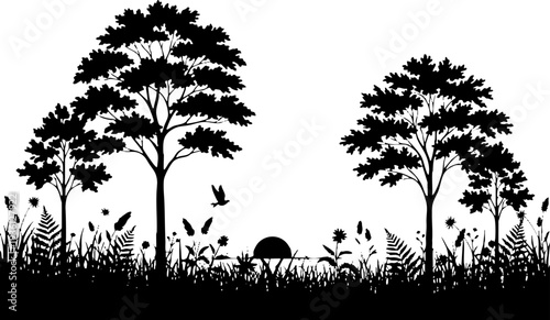 Black Nature Silhouette of Forest Trees and Meadow Landscape