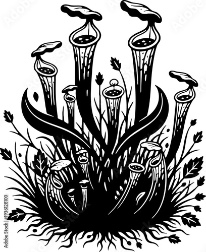 Vintage Woodcut Illustration of Pitcher Plants
