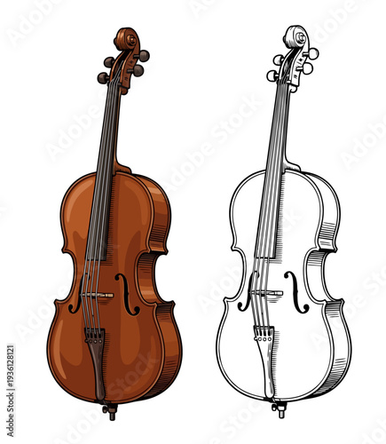 Side-by-side violin illustration displaying a warm brown instrument beside a black-and-white outline, viewed frontally in a simple studio environment