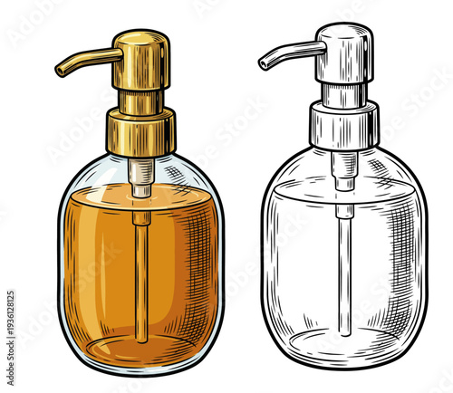 Close-up comparison of two glass bottles with gold and silver pumps, one half-filled with golden liquid, the other empty, illustrated side by side