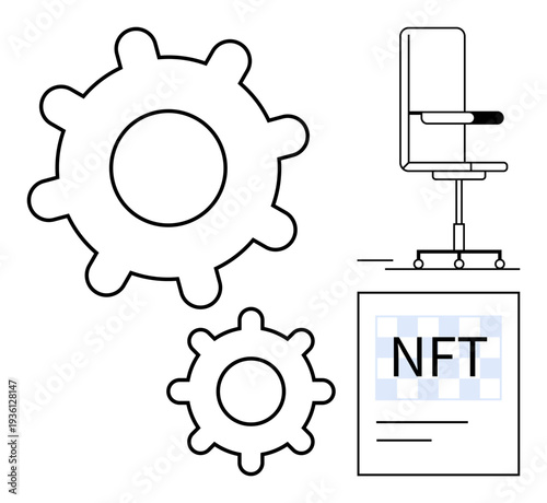 NFT technology, blockchain, digital art, innovation, asset security, office workspace. Minimalist graphic of gears, office chair and NFT certificate. NFT technology and blockchain theme