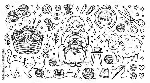 Knitting and Crafting Supplies Doodle Illustration