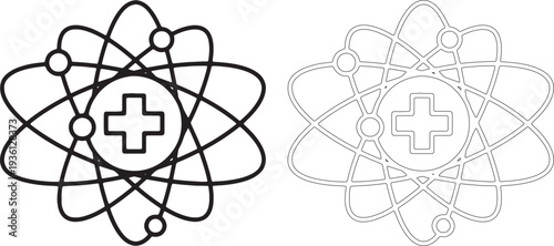 Black and white atomic symbol with medical cross science