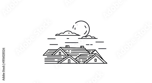 Houses silhouette under sky with sun and clouds
