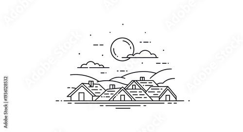 Houses silhouette over hillside under moon