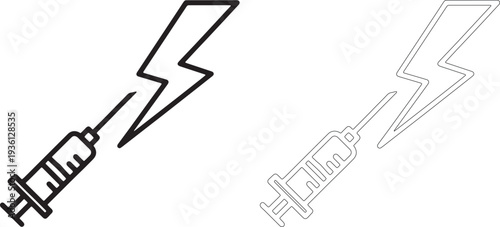 Black and white thin line of syringe and lightning bolt
