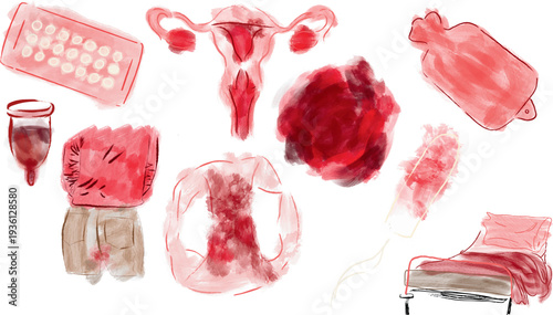 Hand drawn and watercolor painted Period/Menstrual Icon set