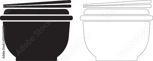 Black silhouette of a bowl with chopsticks and outline version