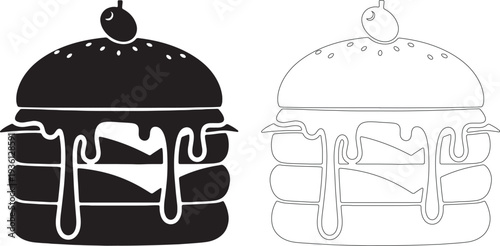 Black silhouette of a dripping hamburger with a cherry on