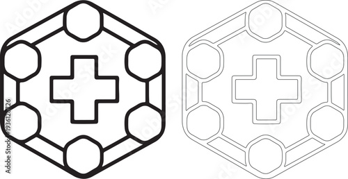 Two black and white outline of a medical cross within a hexagon