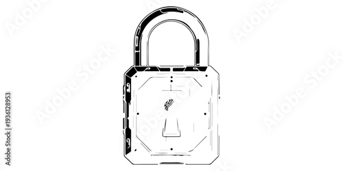 Hand drawn black silhouette of a vintage round padlock with keyhole, rustic grungy ink style security icon on white. 