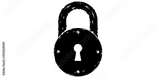 Hand drawn black silhouette of a vintage round padlock with keyhole, rustic grungy ink style security icon on white. 