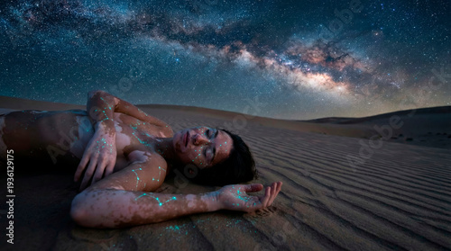 Inclusivity concept with vitiligo female model resting on sand dunes under starry night sky, self-acceptance and body positivity theme, copy space for awareness campaigns and blogs