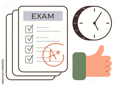 Academic achievement, educational success, test preparation, performance assessment, learning measurement, positive results. Exam paper, checklist with A grade clock thumbs-up hand. Academic