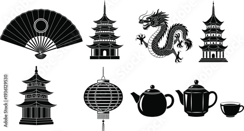 Chinese culture icons set with pagoda dragon lantern fan teapot and tea cup Asian tradition silhouette vector illustration