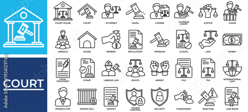 Court icon set collection. Containing judge, lawyer, punishment, attorney, justice, legal, law .Line vector icons collection