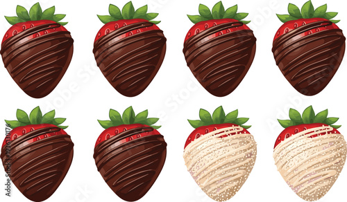 Chocolate covered strawberry set, milk and white chocolate dipped strawberries, sweet dessert fruit icons, gourmet treat vector illustration