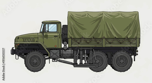 Military green cargo truck with covered trailer on white background.