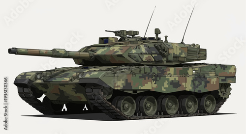 Military tank with camouflage pattern on white background.