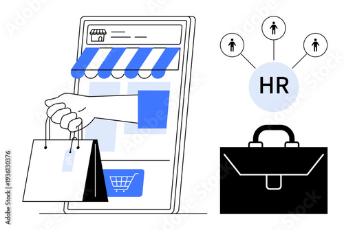 E-commerce, HR processes, remote work, online retail, workforce management, business growth. A smartphone with a shopping bag and HR icons tied to a briefcase. E-commerce and HR processes concept