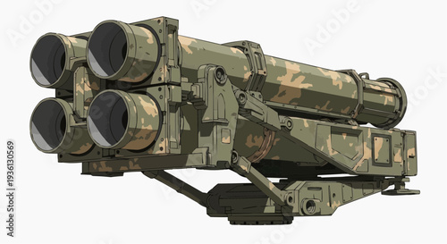 Military rocket launcher with camouflage pattern on white background.