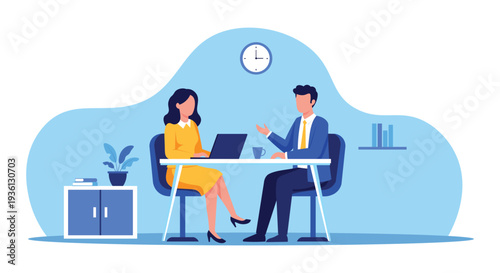 Business Interview or Meeting Concept – Employer and Candidate Talking at Office Desk Vector Illustration
