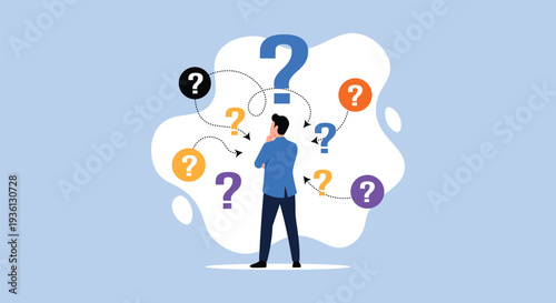 Business Decision Making Concept – Confused Man Thinking with Question Marks, Problem Solving Vector Illustration