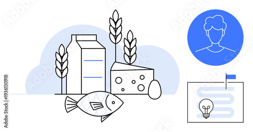 Food production concept. Highlighting nutritious choices thumbs up dairy, fish, and grains along with human input and innovation in sustainable practices. Food technology, consumption, and supply
