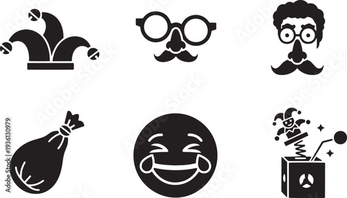 Collection of six flat design icons representing prank and surprise elements, perfect for holiday or party themes, including jester hat, disguise, laugh face, and jack in a box