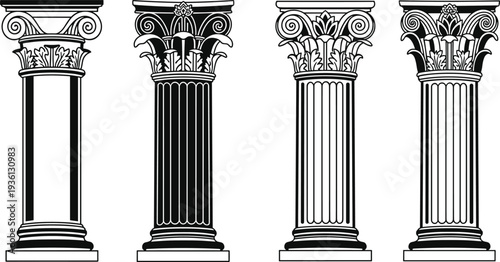 Classical Greek Roman columns set, antique architectural pillar capitals, ancient temple architecture elements, decorative column vector illustration
