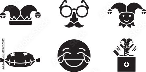 Compilation of six playful holiday and prank icons in a flat vector style, featuring jester's hat, disguise, laughing emoji, funny sausage, jack in a box, and festive candy