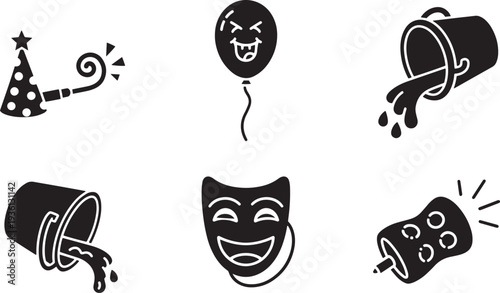 Set of six flat vector icons for parties and pranks, including party hat, blowing whistle, jester balloon, water bucket, theatre masks, and confetti popper for joyful occasions
