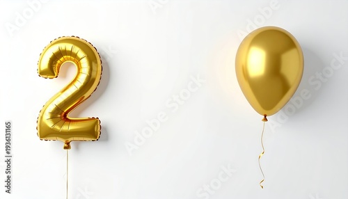 Balão dourado em formato de número 2 flutuante ao lado de um balão liso em fundo branco, celebração.