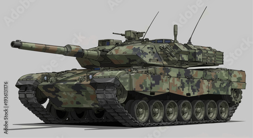Military Tank with Camouflage Pattern on Gray Background.