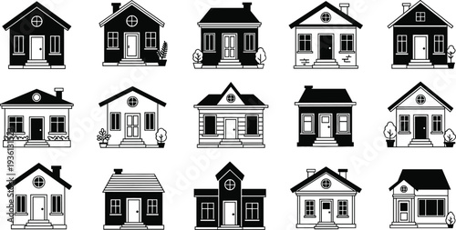 Black House Icon Set Collection with Various Residential Home Buildings for Real Estate, Property Architecture Symbols and Housing Vector Design